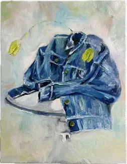 画像：デニム素材のジャケットとチューリップの花がキャンバスに油絵の具によって描かれている