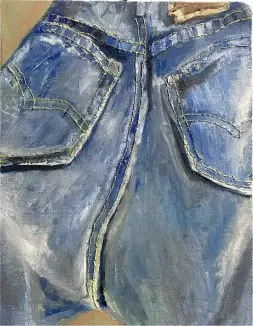 画像：デニム素材のパンツがキャンバスに油絵の具によって描かれている。デニムのステッチ部分は刺繍糸でキャンバスに刺繍されている