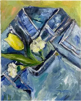 画像：デニム素材のパンツのポケットに黄色いお花が一輪入れてある様子が、キャンバスに油絵の具によって描かれている。パンツのステッチ部分は刺繍糸でキャンバスに刺繍されている。