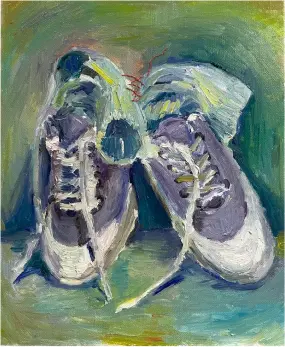 画像：１足の靴が寄りかかるようにして爪先立ちしている様子がキャンバスに油絵の具によって描かれている。